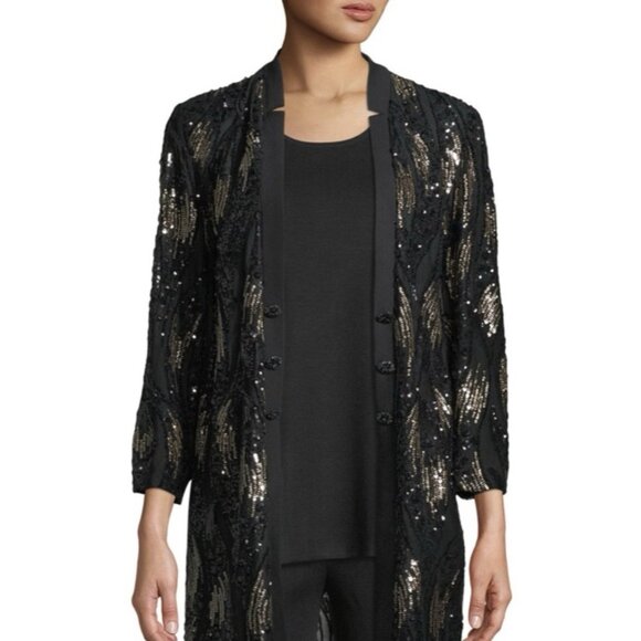 Misook Sequin Mesh Duster Jacket Black Gold Size PXL - Picture 11 of 12